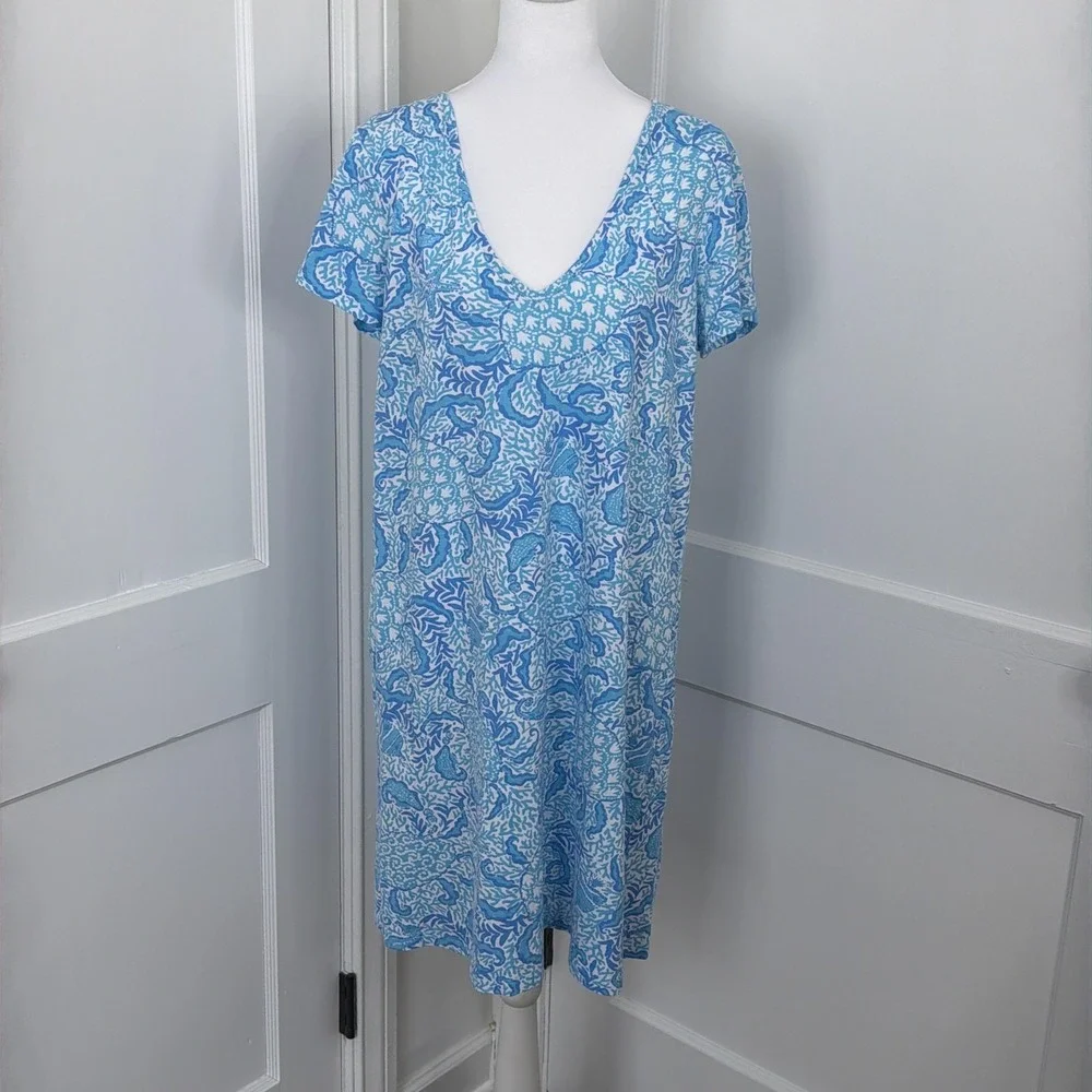 Lilly Pulitzer Dress Etta V-Neck Blue Goombay Grooves Pima Cotton Resort Beach - Picture 1 of 12